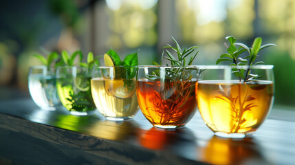 Green tea tasting session with various infusions, side view, Savor the flavor, robotic tone, Tetradic color scheme
