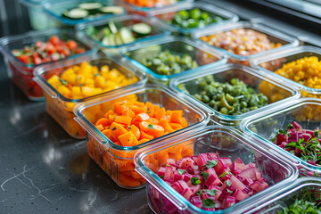 Healthy meal prep containers lined up, front view, Weekday ready, robotic tone, Tetradic color scheme