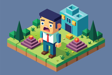 A man standing in front of a residential house, Startled Customizable Isometric Illustration
