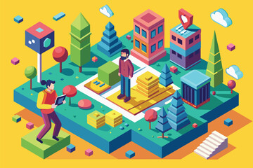 A man is standing on top of a map, surrounded by various buildings in a customizable isometric illustration, Startled Customizable Isometric Illustration