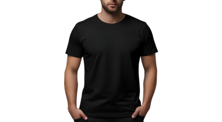 A man wearing Black blank t-shirt front view on a transparent background, clothes on isolated Png background. Png white T shirt