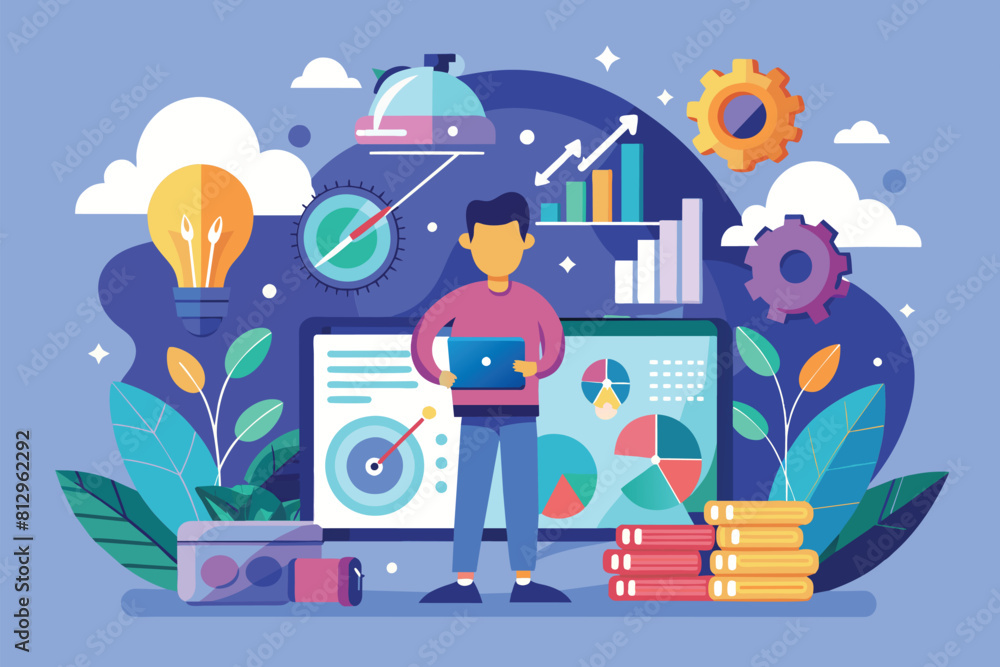 Poster a man standing in front of a computer screen, focusing on data analysis and strategic consulting, st