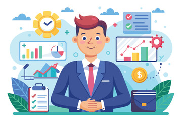 Fototapeta premium A man in a suit standing in front of a desk, appearing professional and focused, Strategic consulting Customizable Cartoon Illustration