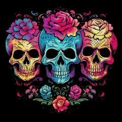 Colorful skulls used for clothing designs look like vectors