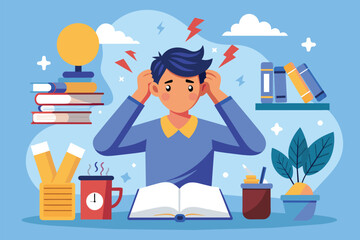 A man sitting in front of a book with his hands on his head, appearing stressed or overwhelmed, Student stress Customizable Disproportionate Illustration