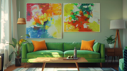 Bright living room interior with green sofa, coffee table, plants and abstract paintings on the wall in a mid-century modern style