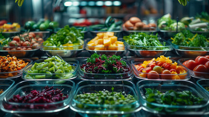 Salad bar with a variety of fresh vegetables, front view, Colorful nutrition, futuristic tone, Splitcomplementary color scheme