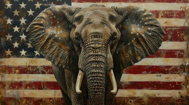 Elephant , republican , stars , stripes , red , white , blue , power , strength , freedom.