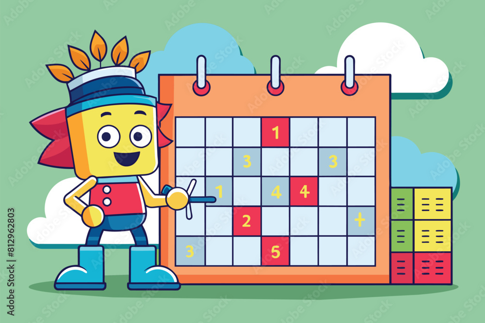Poster a customizable calendar featuring a cartoon character next to it, adding a fun touch to organization