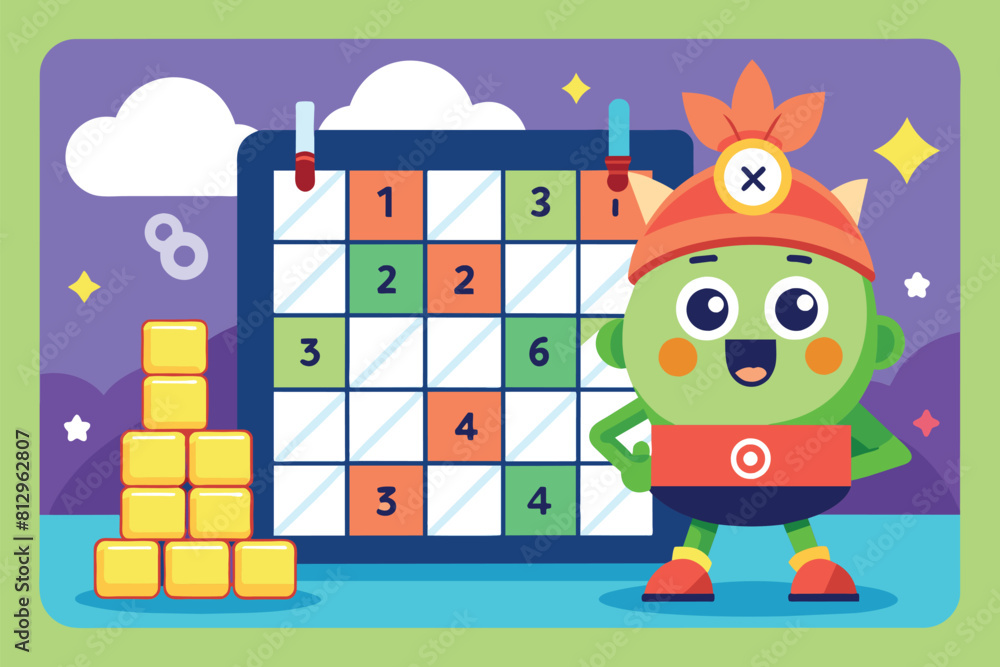 Poster a cartoon character is standing next to a calendar, looking at the dates, sudoku customizable cartoo