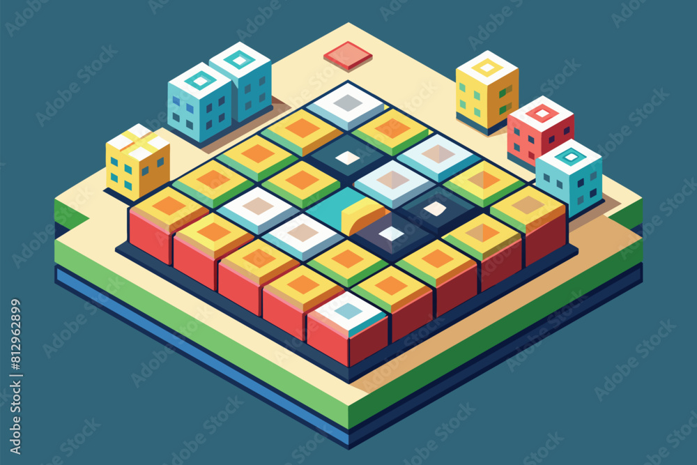 Poster a customizable isometric game board with colorful blocks and dice pieces on it, ready for play, sudo