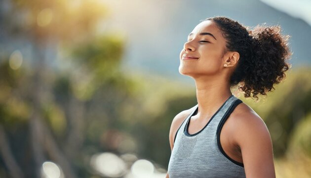 Fitness, woman and yoga breathing in relax for spiritual wellness, mental wellbeing