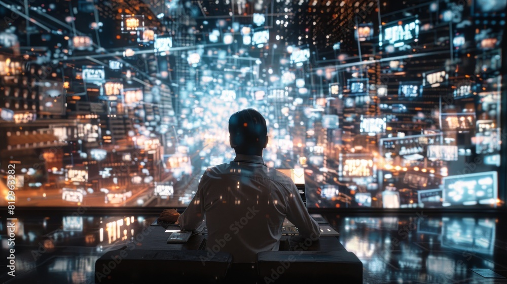 Poster man seated at desk with computer screen against blue background. digital workspace concept
