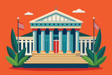 A majestic building with columns prominently displays a flag on its rooftop, Supreme court Customizable Flat Illustration