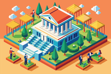 A building with a striking red roof stands amidst a cluster of green trees, Supreme court Customizable Isometric Illustration