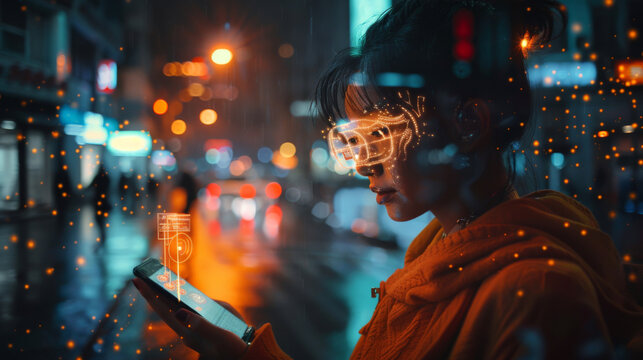 woman with VR glasses using mobile phone in the city at night