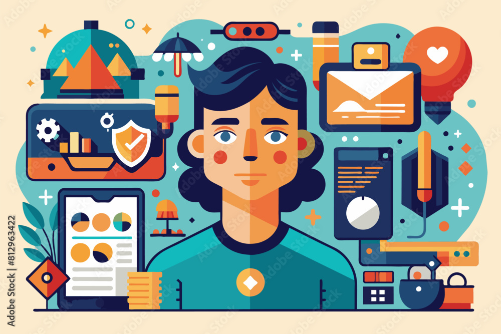 Poster a man standing amid a multitude of different items and objects in a cluttered setting, sync customiz