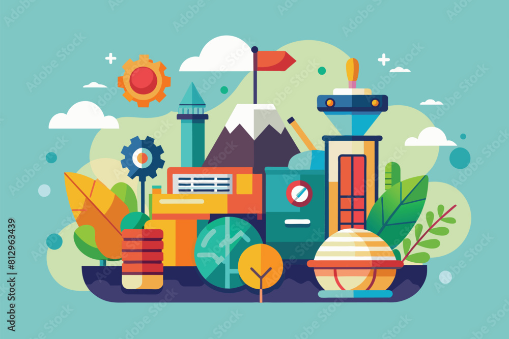 Poster a blue background featuring a variety of different objects in a semi flat style, sync customizable s