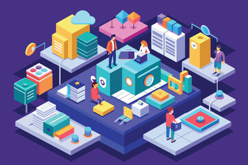 Fototapeta premium A diverse group of individuals standing around a computer, discussing and collaborating on a project, Task Customizable Isometric Illustration