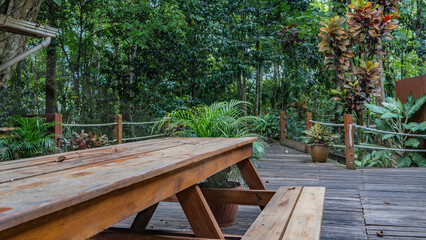 A place to relax in the rain forest lodge. Wooden benches and tables are set on the boardwalk outdoor terrace. Rope railings along the path. Lush tropical vegetation all around. Malaysia. Borneo. 