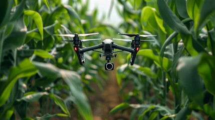 Drone hovers above a corn field, surveying plant - obrazy, fototapety, plakaty