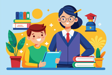 A man and a boy sit at a table, surrounded by books, engaging in reading and studying together, Teacher student Customizable Disproportionate Illustration