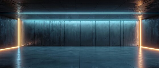 A large, empty room with neon lights on the ceiling