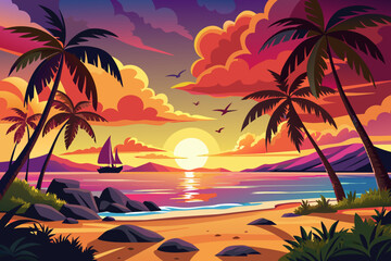 Summer sunset palm trees and beach