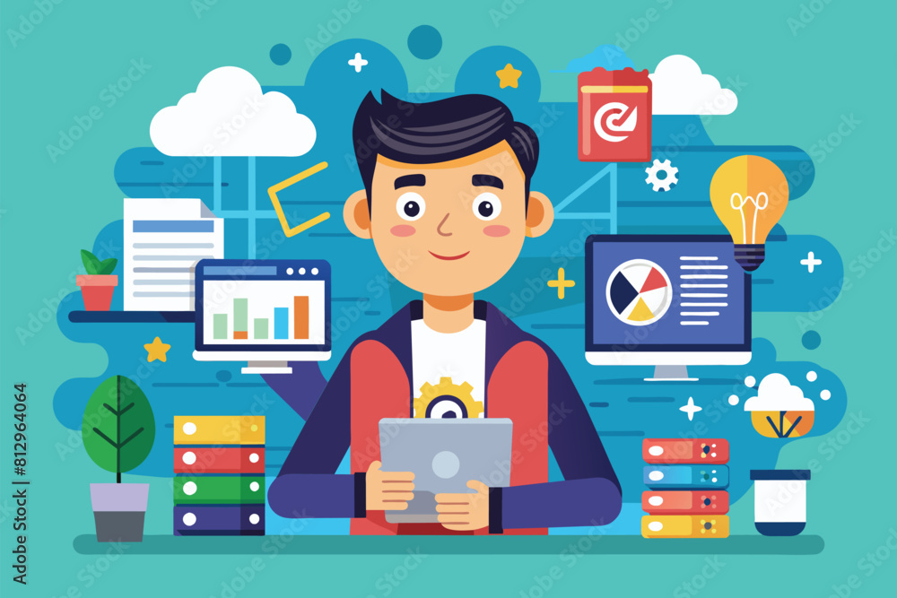 Poster a man in a tech company setting sitting at a table with a tablet in front of him, tech company custo