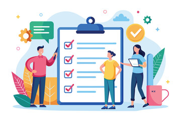 A group of individuals standing around a clipboard with a checklist on it, engaged in a review or discussion, Team checklist Customizable Flat Illustration