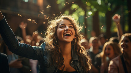 Radiant Joy At Graduation: Young Woman Celebrating Success With Confetti, Ai Generated