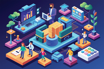 Fototapeta premium A group of individuals gathered around a computer screen, collaborating or discussing, Tech company Customizable Isometric Illustration