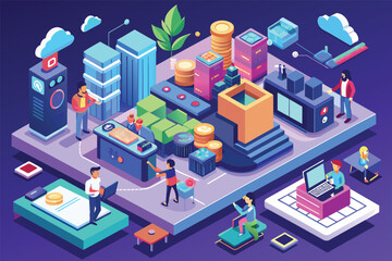 Team of diverse professionals gathered around a computer in a tech company office, discussing and collaborating on a project, Tech company Customizable Isometric Illustration