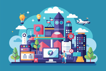 A man in front of a computer surrounded by urban buildings in a tech company setting, Tech company Customizable Semi Flat Illustration