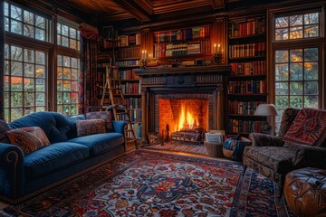 A warm and inviting home library with a crackling fireplace, perfect for relaxing with a good book
