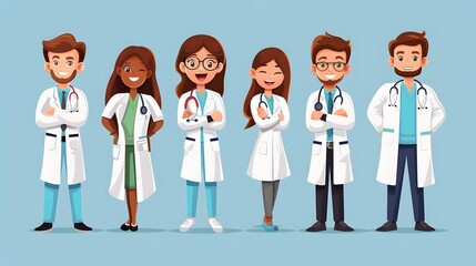 Medical team flat design front view healthcare staff theme cartoon drawing vivid