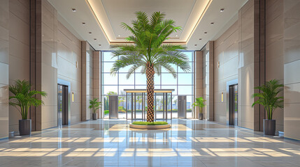 a indoor palm tree in the lobby of a corporate building
