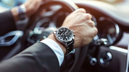 Close-up top view of a businessman wearing an expensive watch in a black suit keeping hand on the steering wheel while driving a luxury car.