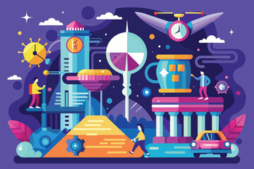 Various items arranged on a purple backdrop, creating a visually busy scene, Time travel Customizable Disproportionate Illustration