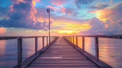 Fototapeta premium A long wooden pier extending into the sea with golden light of sunrise