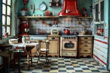 Cozy retro kitchen showcasing classic design with checkered floor and antique accessories