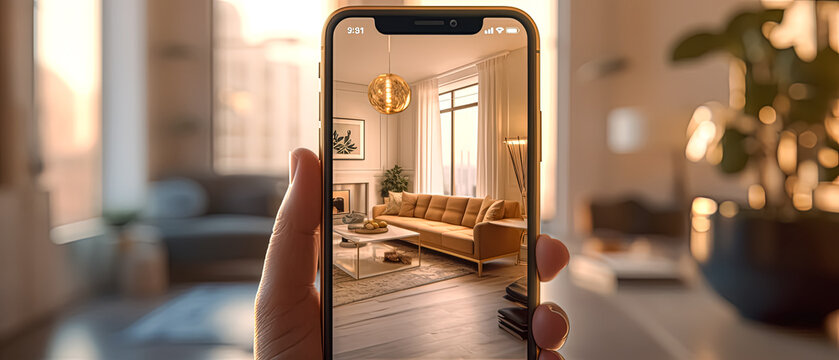 A person is holding a phone up to a picture of a living room. The room is furnished with a couch, a coffee table, and a potted plant. The lighting is warm and inviting