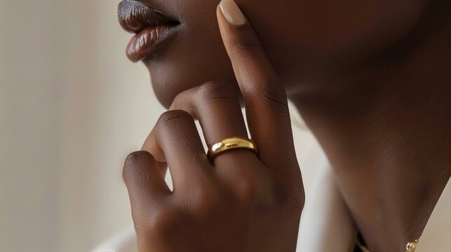 model wearing gold ring closeup, concept of engagement, marriage and jewelry  