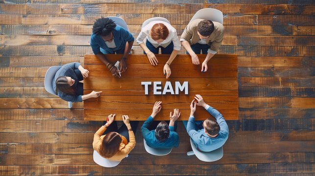 Diverse business team sitting at the table and looking at the camera. The word "TEAM" is made of wooden letters in the center of the table.