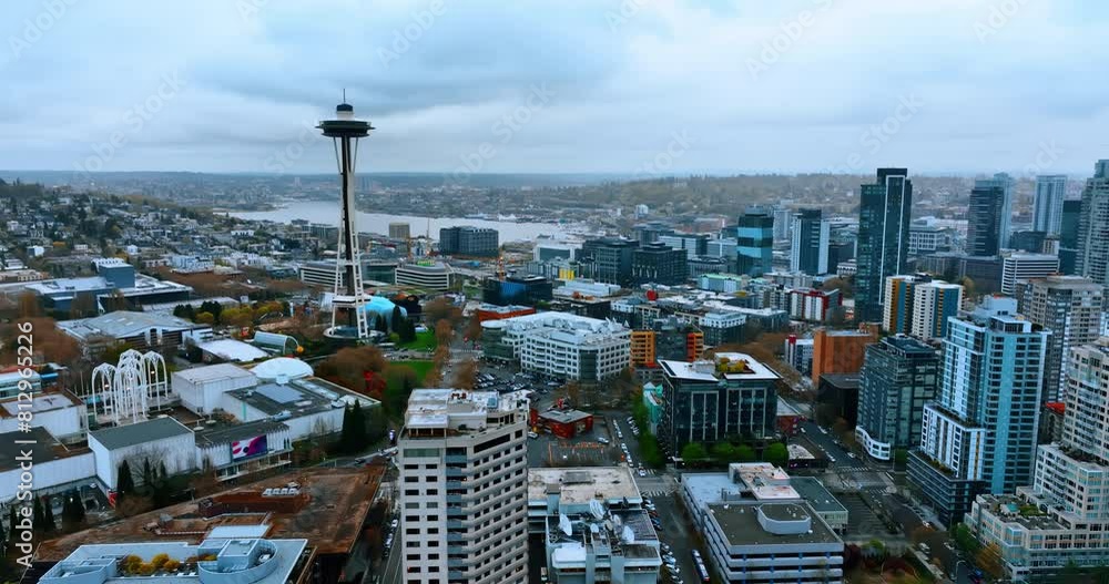 Wall mural seattle city aerial view with modern buildings. washington state cityscape.