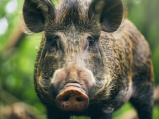 wild boar in the wild looking at camera, closeup
