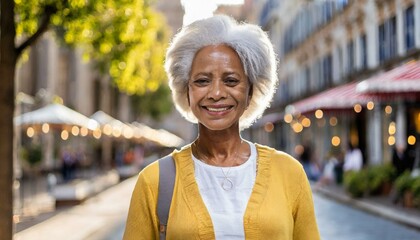 attractive smiling gray-haired black mature woman posing on city street, smiling and looking at camera - obrazy, fototapety, plakaty