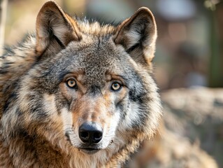Fototapeta premium wolf looking at camera closeup, wild mammal predator, canis lupus