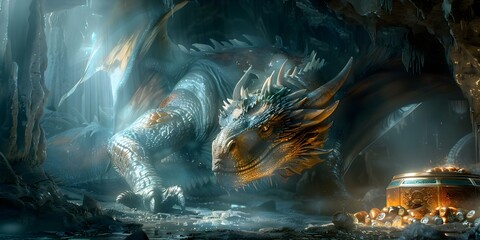 A large dragon protects valuable treasures in a dark foreboding cave. Concept Fantasy, Adventure, Dragon, Treasure, Cave