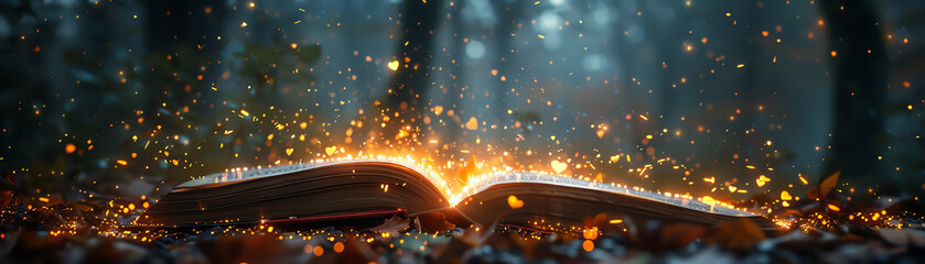A book of spells lies open in a dark forest. The pages are glowing with a golden light, and magical sparks are dancing in the air. - obrazy, fototapety, plakaty